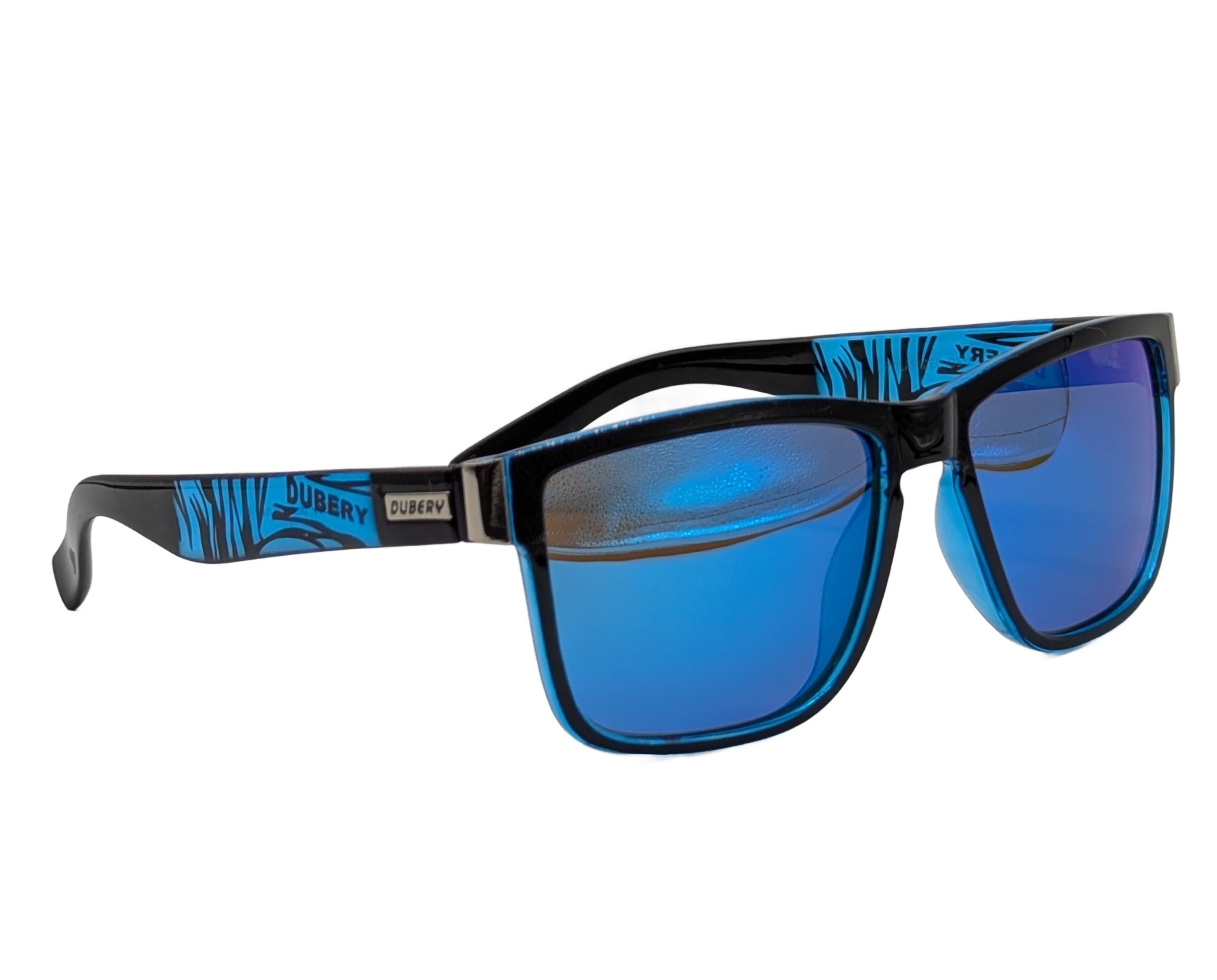 Blue and black polarized sunglasses with blue tint lenses for convertible driving and UV protection.